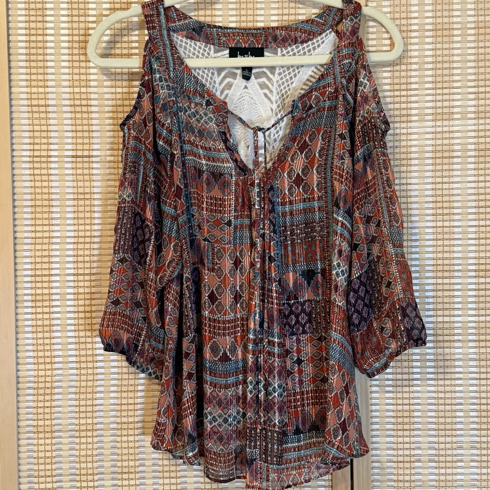 By & By Womens L Tunic Cold Shoulder Laced Back Geometric Boho Whimsical Fairy